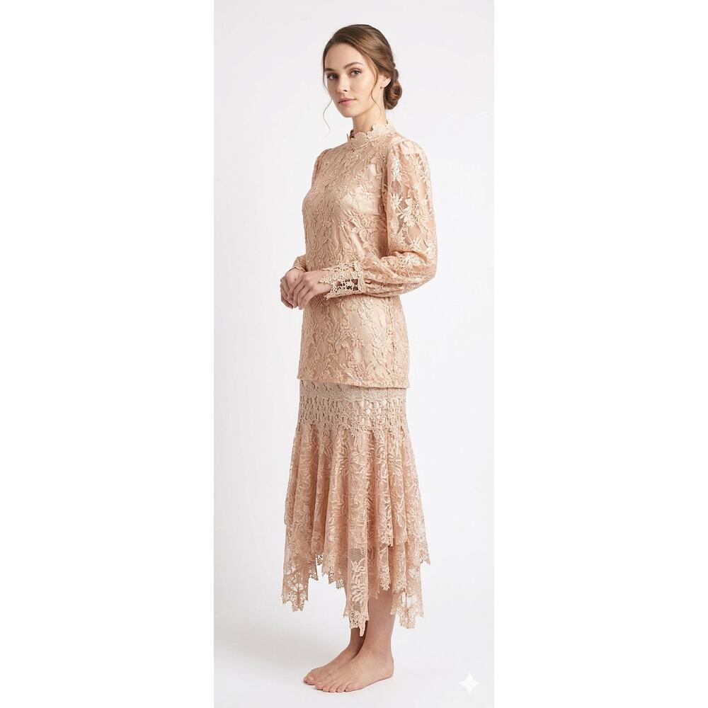 Vintage 80s Lace Bridal Dress Champagne Romantic Victorian Drop Waist - Picture 11 of 14
